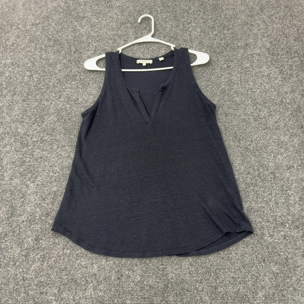 Vince Tank Top Womens L Navy Blue Linen Split Neck Casual Minimalist Summer